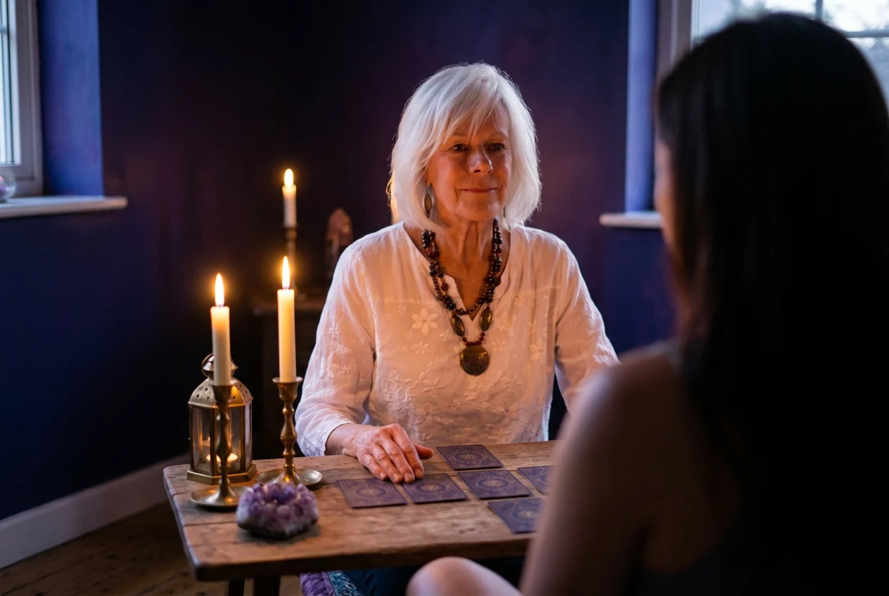 Carol seated at a candlelit table, laying out tarot cards for a client seated opposite