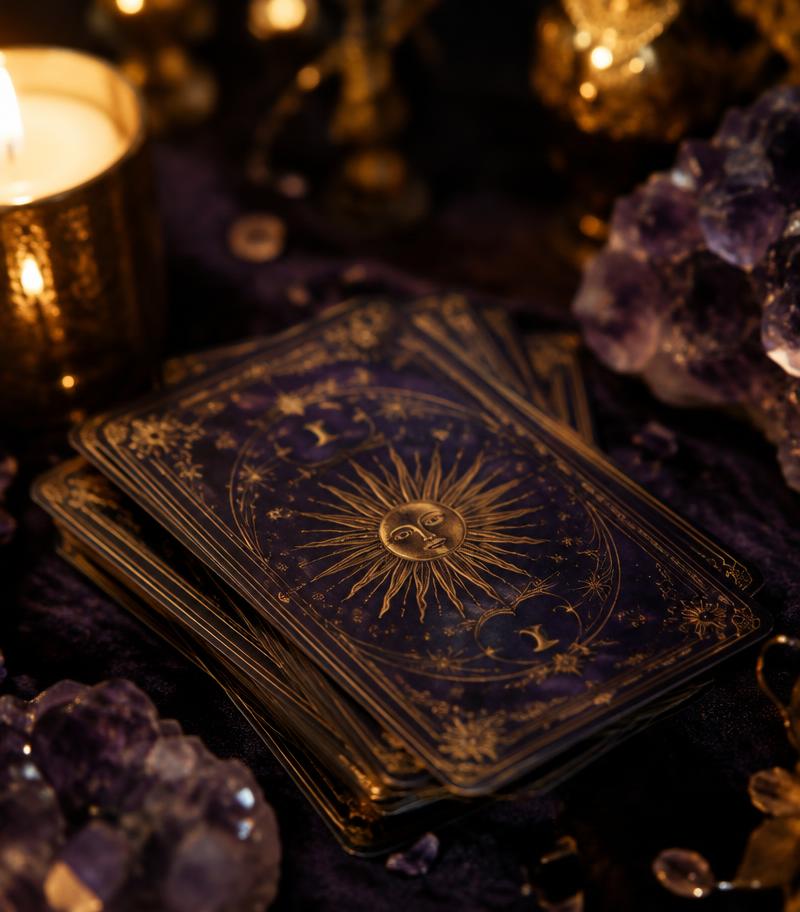 Tarot cards with gold detailing beside candlelight